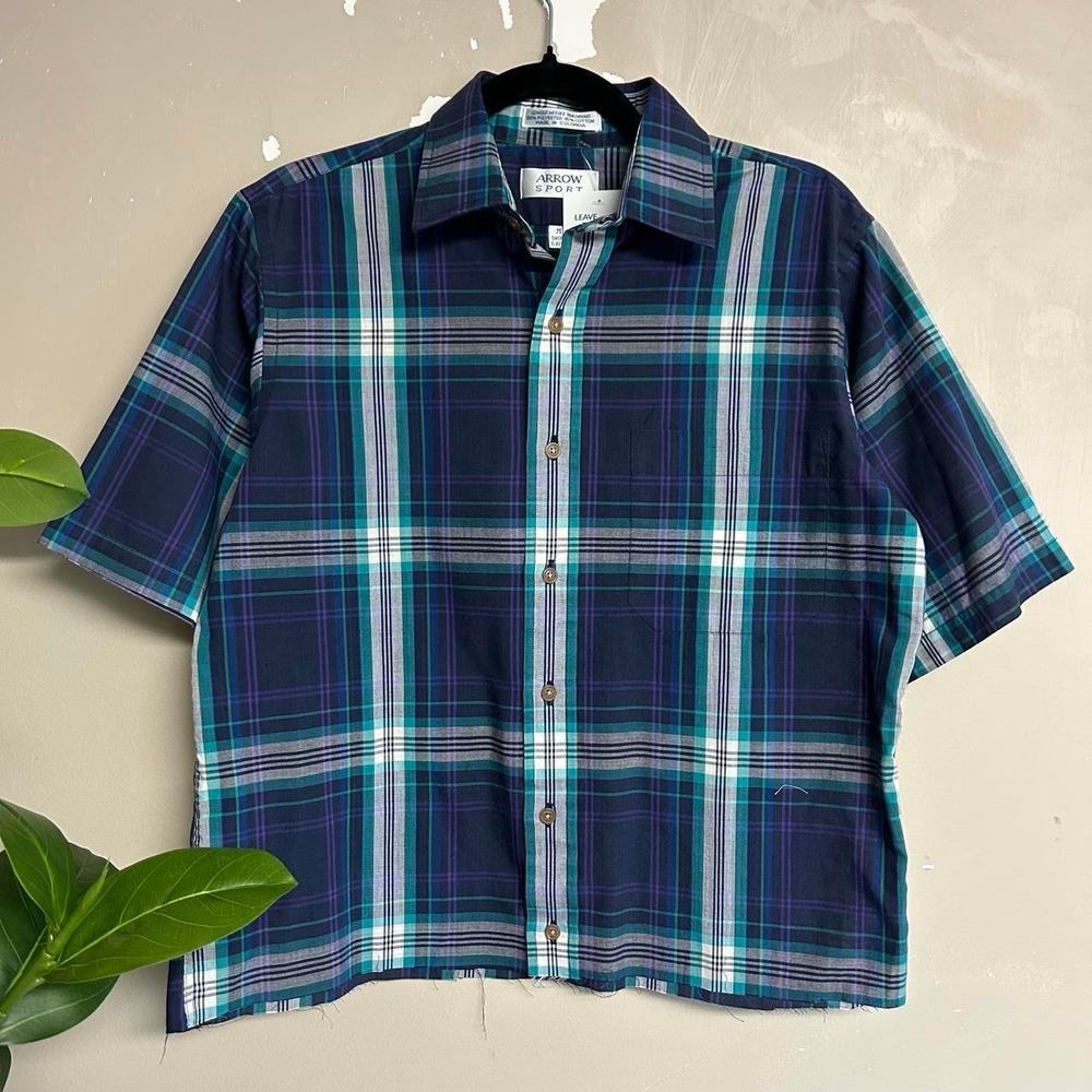 Vintage 90s Arrow Sport Blue Plaid Cropped Short Sleeve Button Up Shirt Mens M